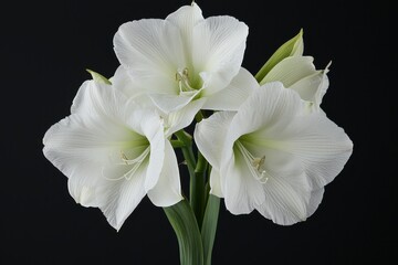 Three White Amaryllis Flowers on Black Background