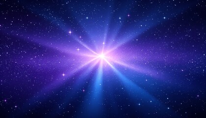 Obraz premium A bright star shines at the center of a dark blue and purple background with white specks that resemble stars.