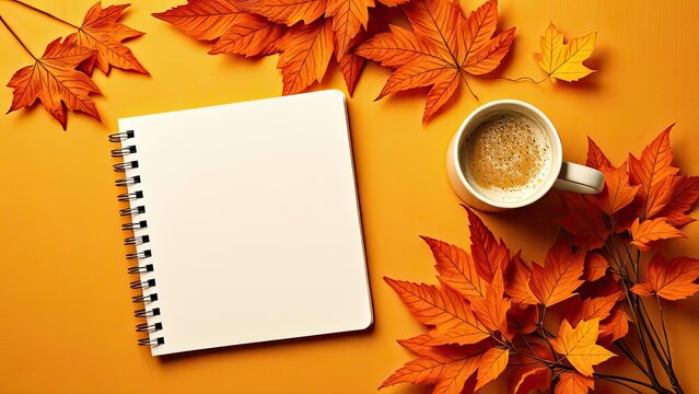 Autumn Vibes Blank Notebook Coffee Maple Leaves on Orange Background