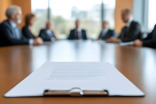 Business meeting with a contract ready for signing on the table. Board members at a conference table for negotiation and reviewing the fine print.