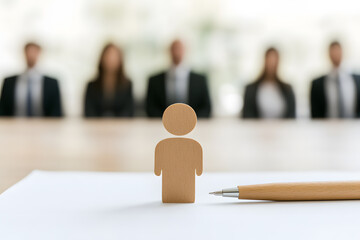 Applicant stands out at job interview. Person icon is on the table as interviewers sit behind, representing a job application process and candidate selection.