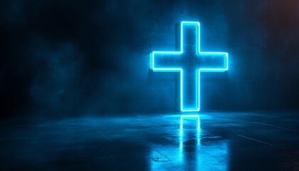 Fototapeta premium A sleek, glowing blue medical cross icon on a deep blue background, representing futuristic health and safety concepts with advanced technology elements