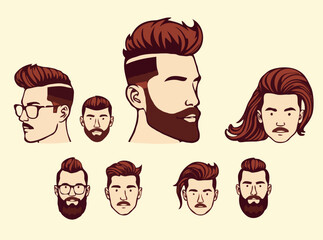 Trendy Haircut and Facial Hair Styles Vector Set