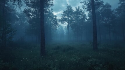 Obraz premium Misty forest path at twilight.