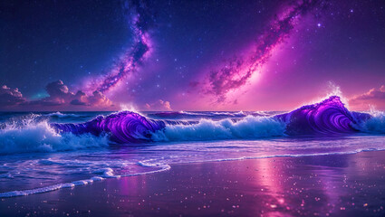 Surreal Seascape Artwork with Dynamic Waves and Starry Night Sky