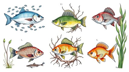 Fototapeta premium Colorful Fish Illustration Aquatic Life Marine Animals Underwater World