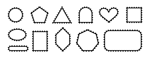 Vintage postage stamp vector frames set with various shapes, including rectangle, oval, and heart, ideal for letters and postcards