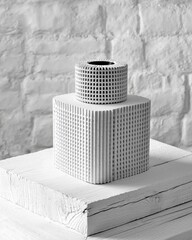 White Textured Geometric Sculpture on White Platform