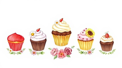 Delicious Cupcakes Sweet Treats Bakery Dessert Watercolor Food Floral Design Birthday Party