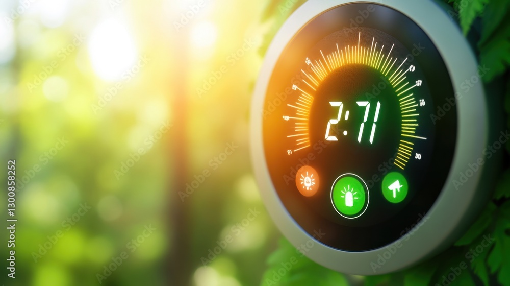 Poster a smart energy-saving thermostat displayed on a digital screen with a bold green background.