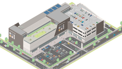 アイソメトリック図法で描いたショッピングモールのイメージ / Japanese shopping mall. Isometric illustration