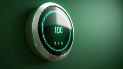 Fototapeta premium A smart energy-saving thermostat displayed on a digital screen with a bold green background.