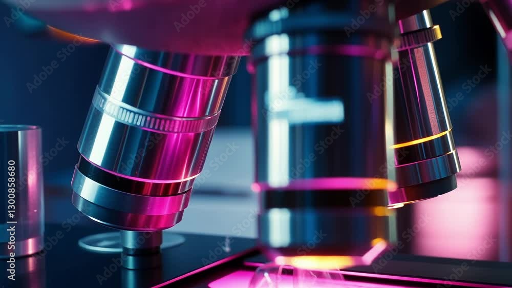 Poster close up view of a high tech microscope with illuminated lenses, showcasing advanced optical technol
