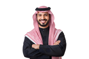 A Man Wearing Traditional Middle Eastern Attire, Black Thobe, Red and White Checkered Keffiyeh, Arms Crossed Gesture on transparent background