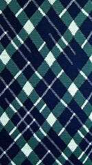 Textured Plaid Design: A close-up shot of a plaid pattern with shades of green, navy and white creating a stylish textile background. 