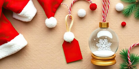 Festive Christmas Decorations Snow Globe Santa Hats Gift Tags