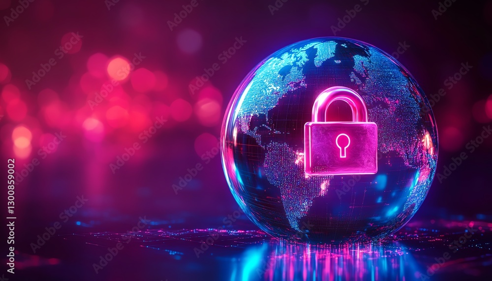 Poster futuristic cybersecurity technology featuring a glowing digital earth globe, holographic padlock pro