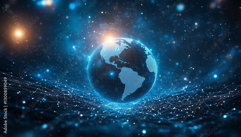 Poster futuristic cybersecurity technology featuring a glowing digital earth globe, holographic padlock pro