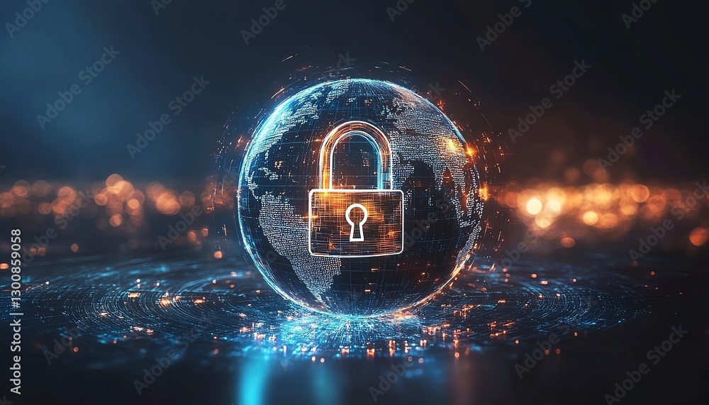 Poster futuristic cybersecurity technology featuring a glowing digital earth globe, holographic padlock pro