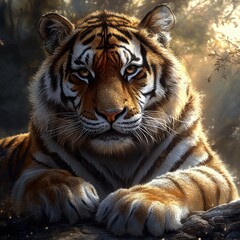 Obraz premium Majestic Tiger Portrait Captured in Natural Habitat Surrounded by Lush Vegetation and Soft Light