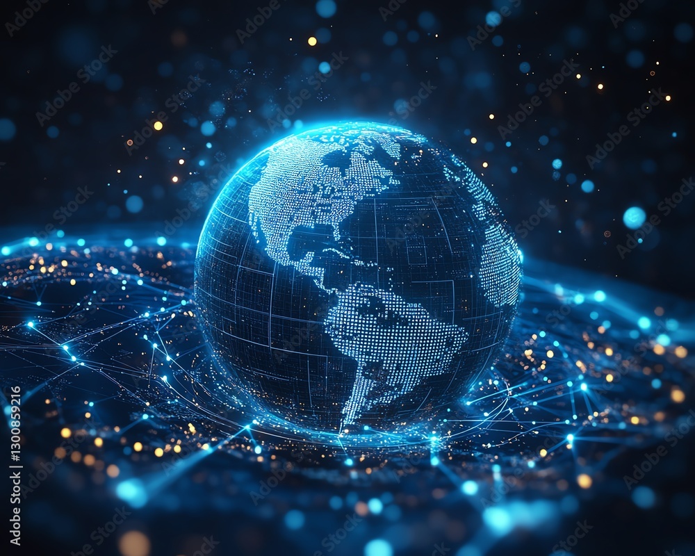 Poster futuristic global cybersecurity technology with digital earth hologram, secure connections across a 