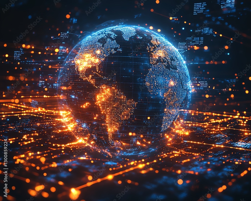 Poster futuristic global cybersecurity technology with digital earth hologram, secure connections across a 