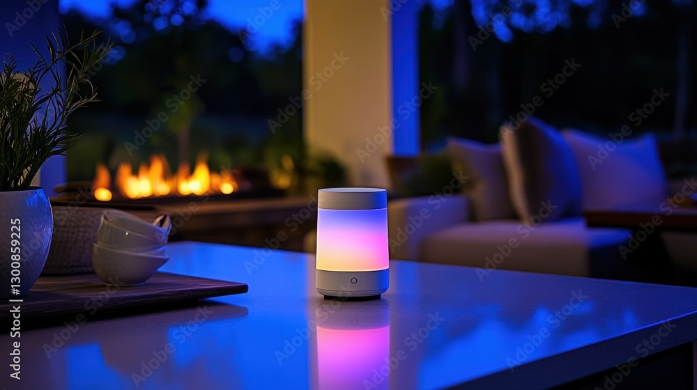 Poster a solar-powered smart home assistant device placed on a countertop with a glowing display on a dark 