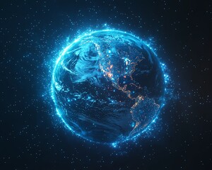 Futuristic cybersecurity design showcasing a digital earth hologram, glowing lock symbolizing data protection, global connectivity, and secure networks, hightech visual style