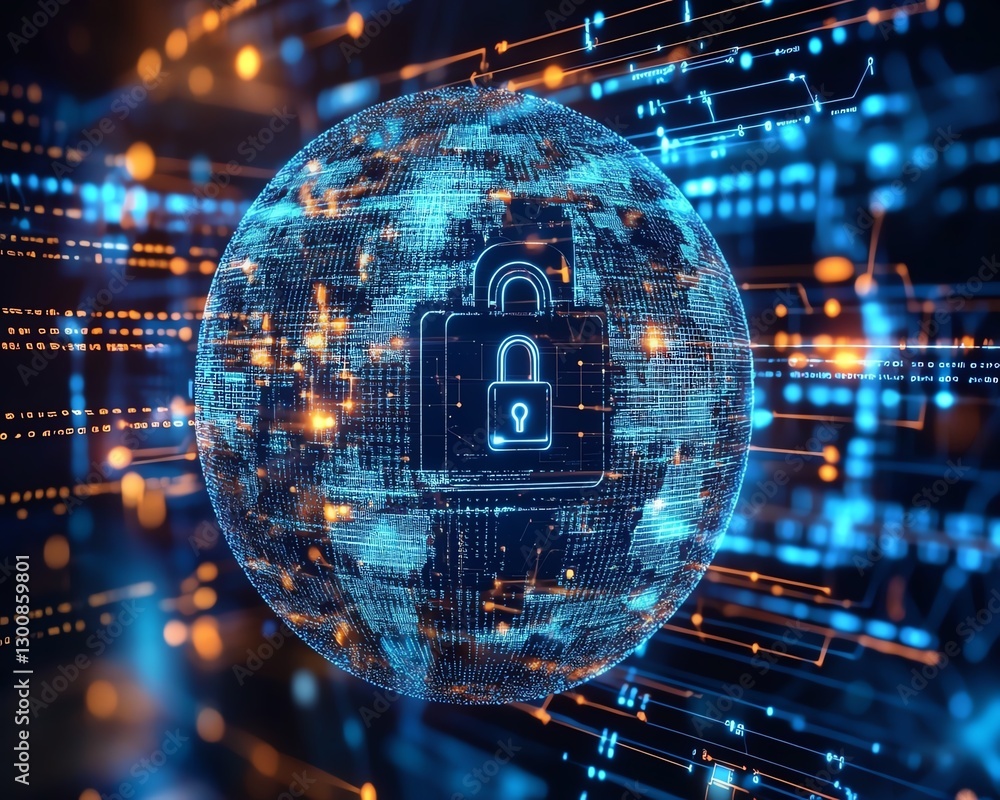 Aufkleber cybersecurity and global network protection with digital earth globe, holographic lock symbolizing s
