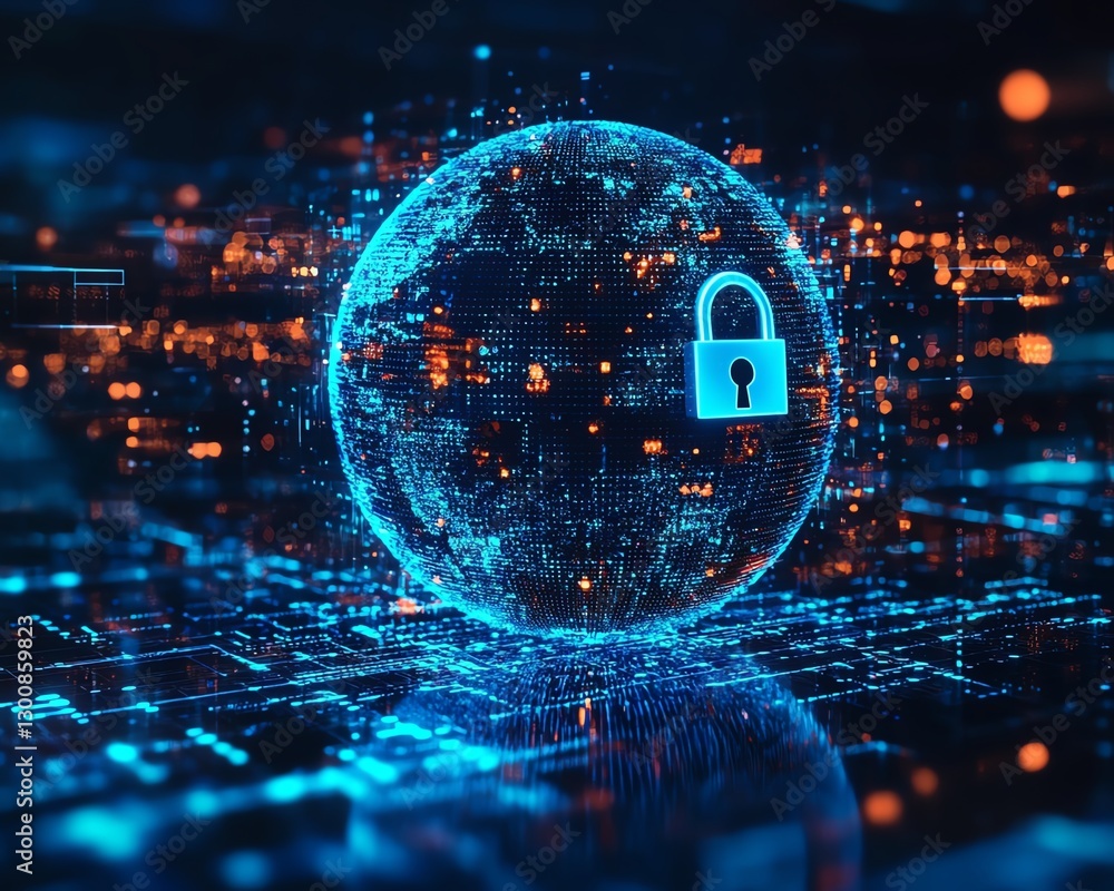 Poster cybersecurity and global network protection with digital earth globe, holographic lock symbolizing s