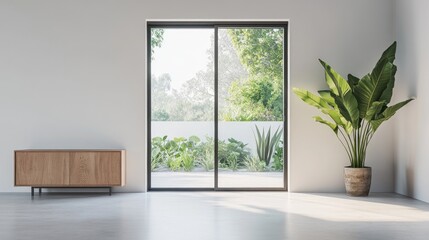 3D rendering of a sliding glass door with a view of a garden and modern interior design