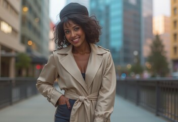 Obraz premium Stylish Woman in Trench Coat and Beret