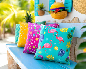 Tropical pillows on outdoor bench