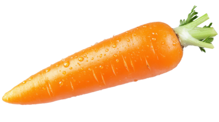 A close-up of a perfectly shaped carrot, with dew drops on its surface, isolated on a transparent background to showcase its fresh, healthy look