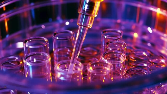 Closeup of a sampling port on the bioreactor showing a collection tube with a stopper illustrating the aseptic technique employed for withdrawing samples without contaminating the culture.