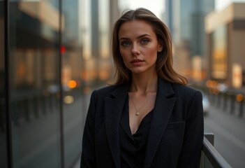  Woman in Black Coat with V-Neckline