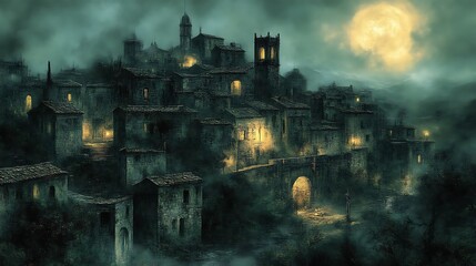 A moonlit medieval village nestled in a misty valley