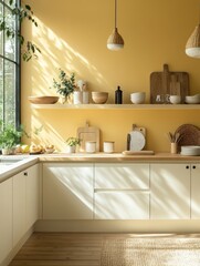 Sunny kitchen has sunshine with yellow wall and a window