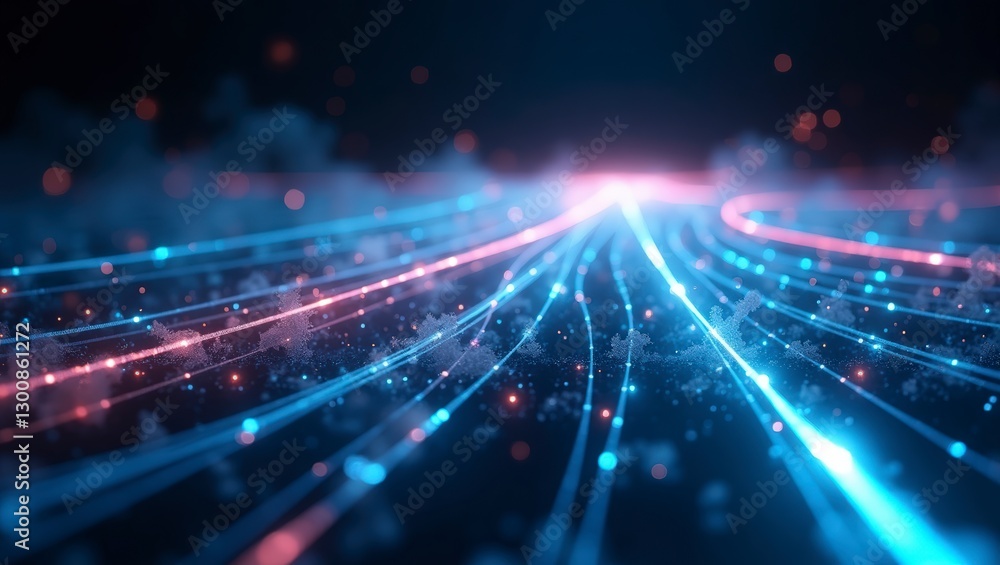 Poster a network of interconnected glowing streams merge, symbolizing the flow of digital information and m