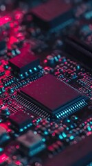 Illuminated circuit board close-up, tech background, microchip detail, digital innovation