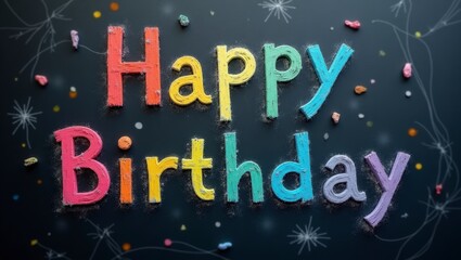 A cheerful and colorful 'Happy Birthday' message brightens a dark background with confetti.