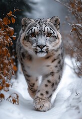 Obraz premium Majestic snow leopard in natural habitat.