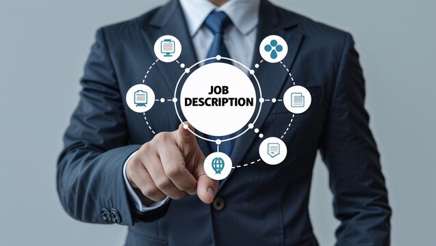 Businessman using virtual touchscreen presses the inscription: JOB DESCRIPTION. Concept of job description. General tasks, duties, skills,new