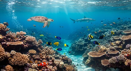 Swimming Sea Turtle and Shark Over Colorful Coral Reef Underwater Scene