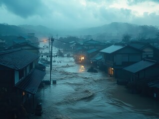 Destruction unfolds in a quaint village as floodwaters rise compelling residents to seek safety and shelter. Generative AI