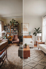 Transformation of a cozy living room showcasing a stylish before and after home makeover with modern decor
