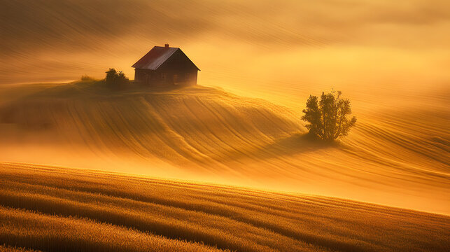 A rustic farmhouse barely visible in thick morning fog over wheat fields.