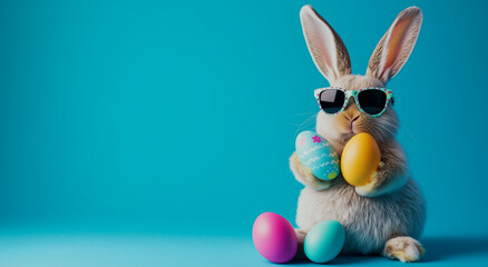 Cool Easter Bunny with Sunglasses Holding Colorful Eggs on Blue Background