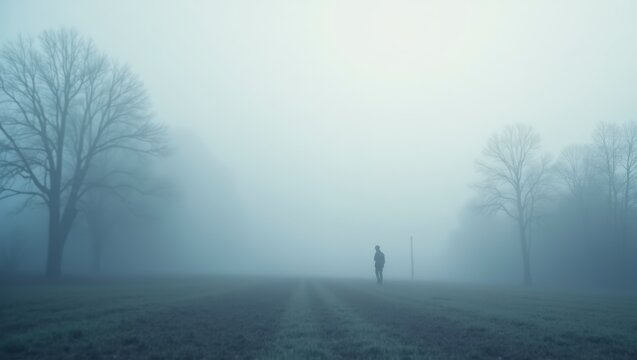 A lone figure walks through a misty field, surrounded by a dense fog and distant trees.