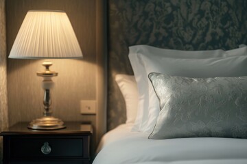 Elegant bedroom lamp illuminates bedside table and luxurious bedding.